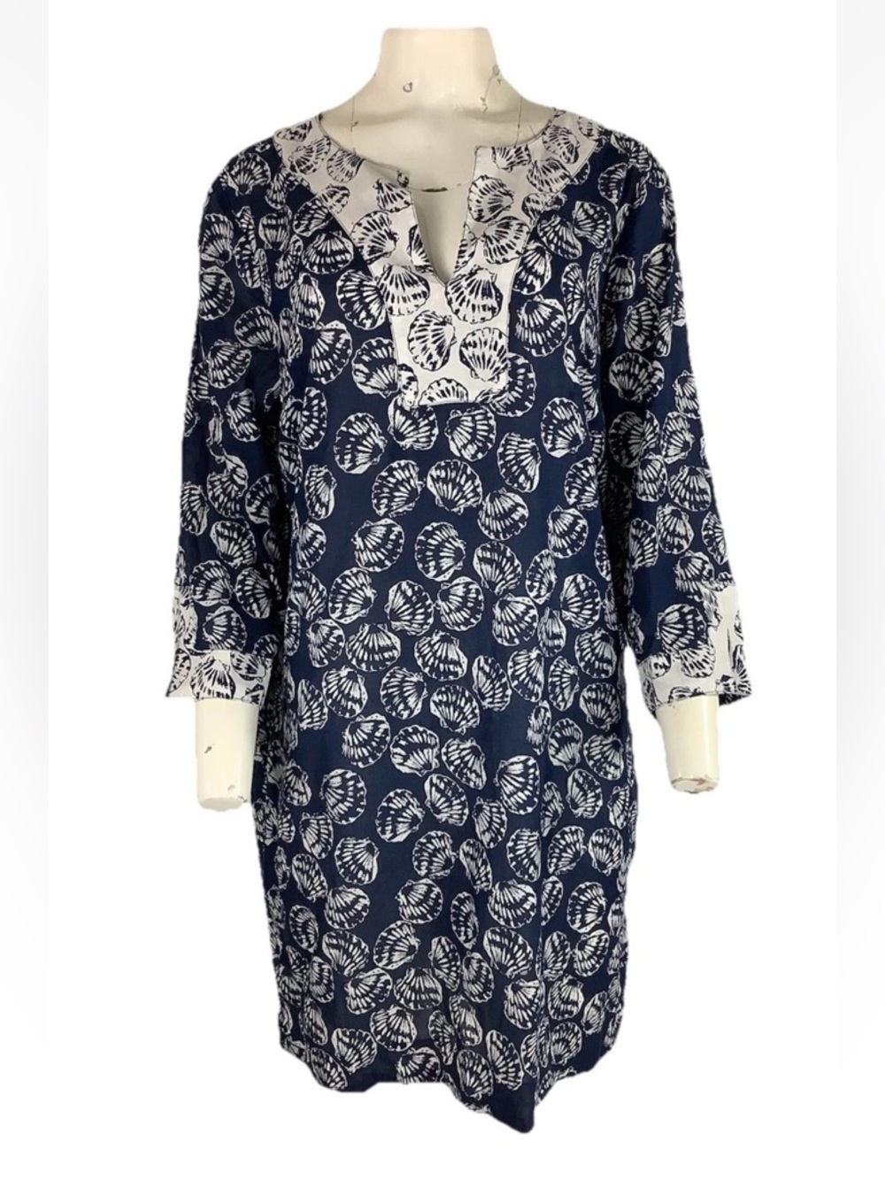 Talbots Sz L 100% Cotton Sea Shell Print Travel Beach Vacation Tunic Dress